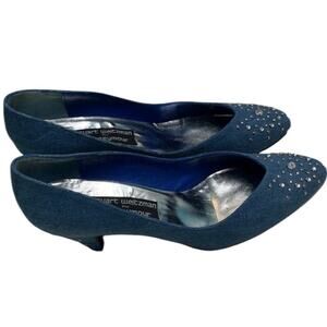 Stuart Weitzman Blue Denim Heels with Silver Rhinestone Accents